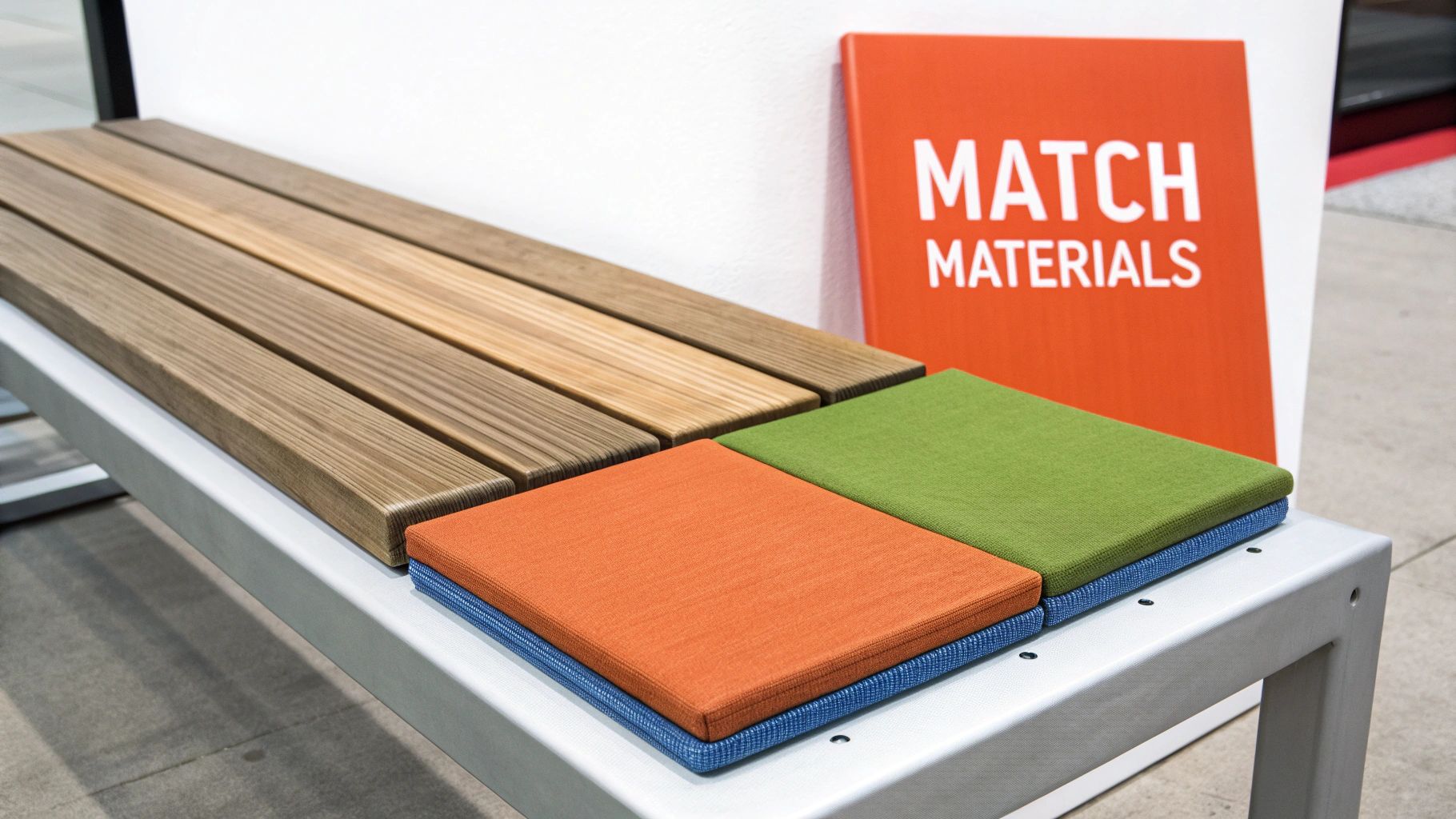 A stylish breakfast table with a bench in a bright, modern kitchen.