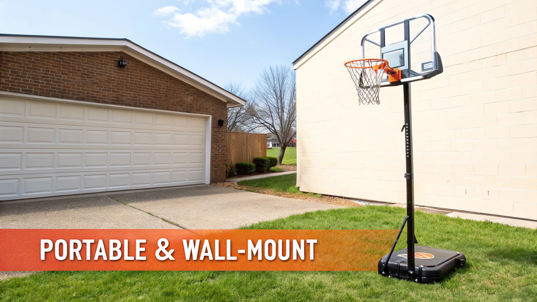 Portable basketball hoop with adjustable height system installed on residential driveway between garage and house