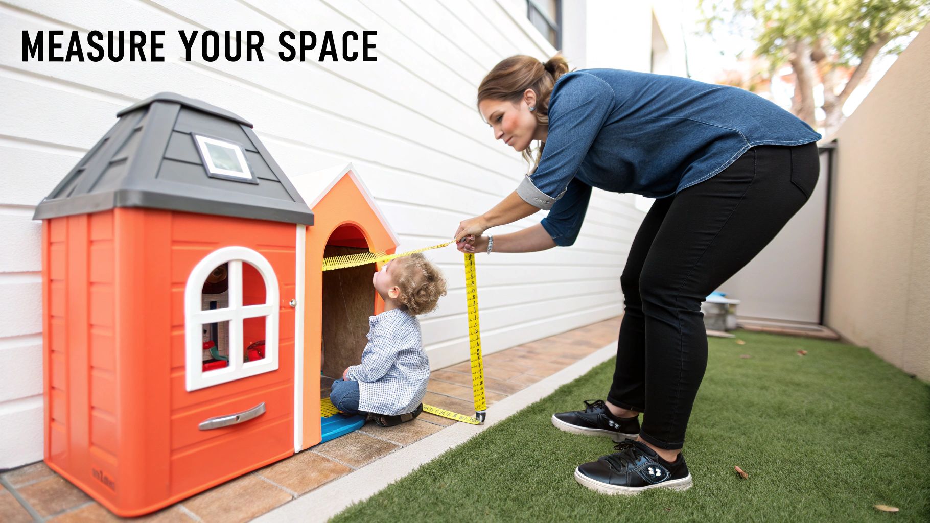 A woman measures a toddler inside a small, orange playhouse with a yellow tape measure.