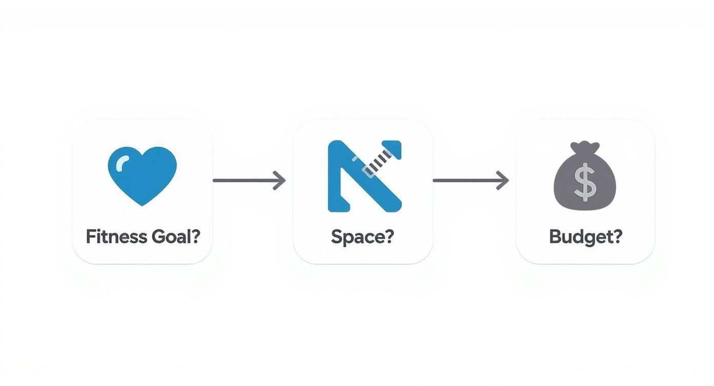 Flowchart showing three steps to select fitness equipment: fitness goal, available space, and budget.