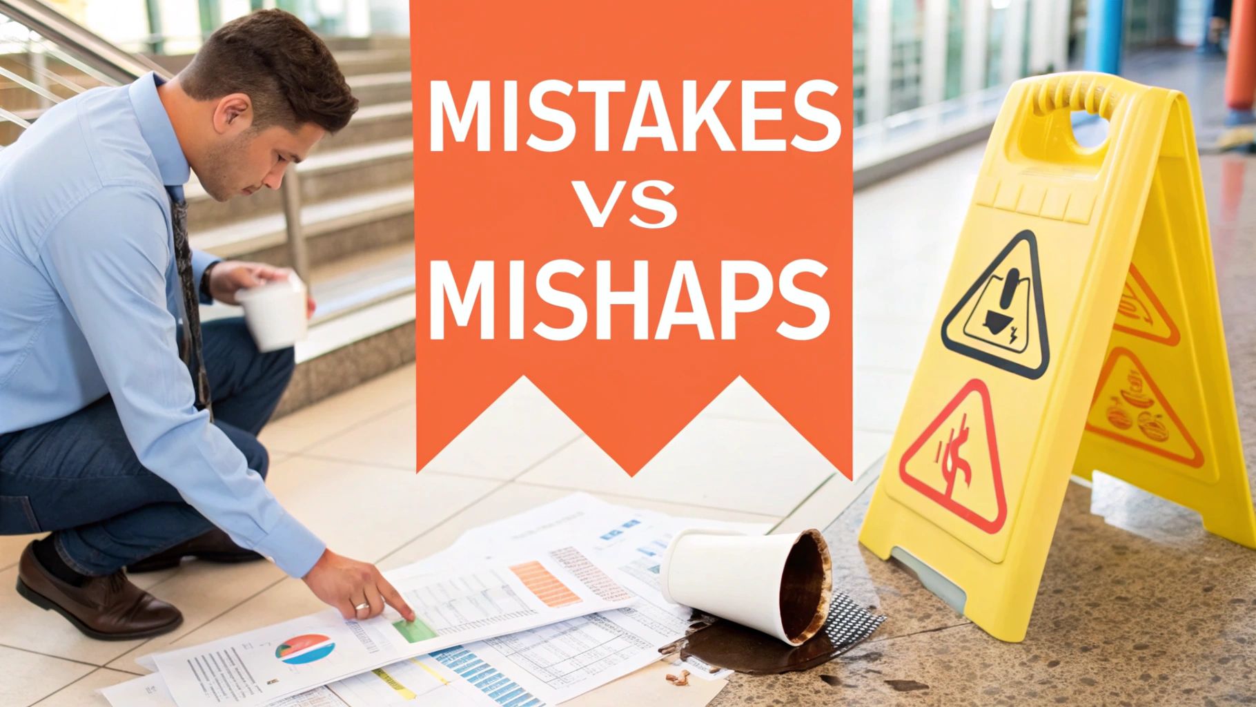 An image showing a split screen with a professional mistake on one side and a physical mishap on the other, clarifying the insurance types.
