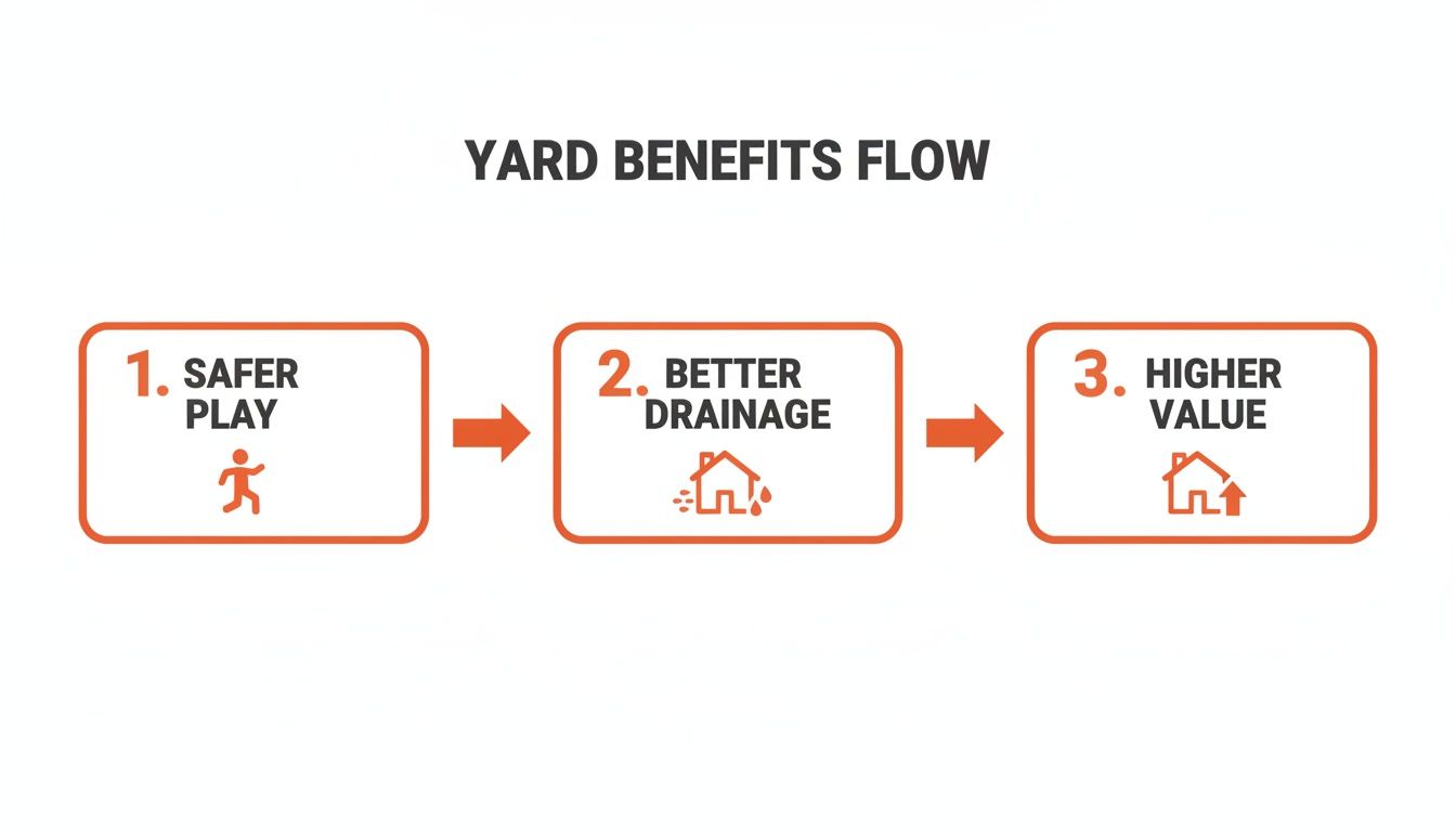 Diagram illustrating the flow of yard benefits: safer play, better drainage, and increased home value.