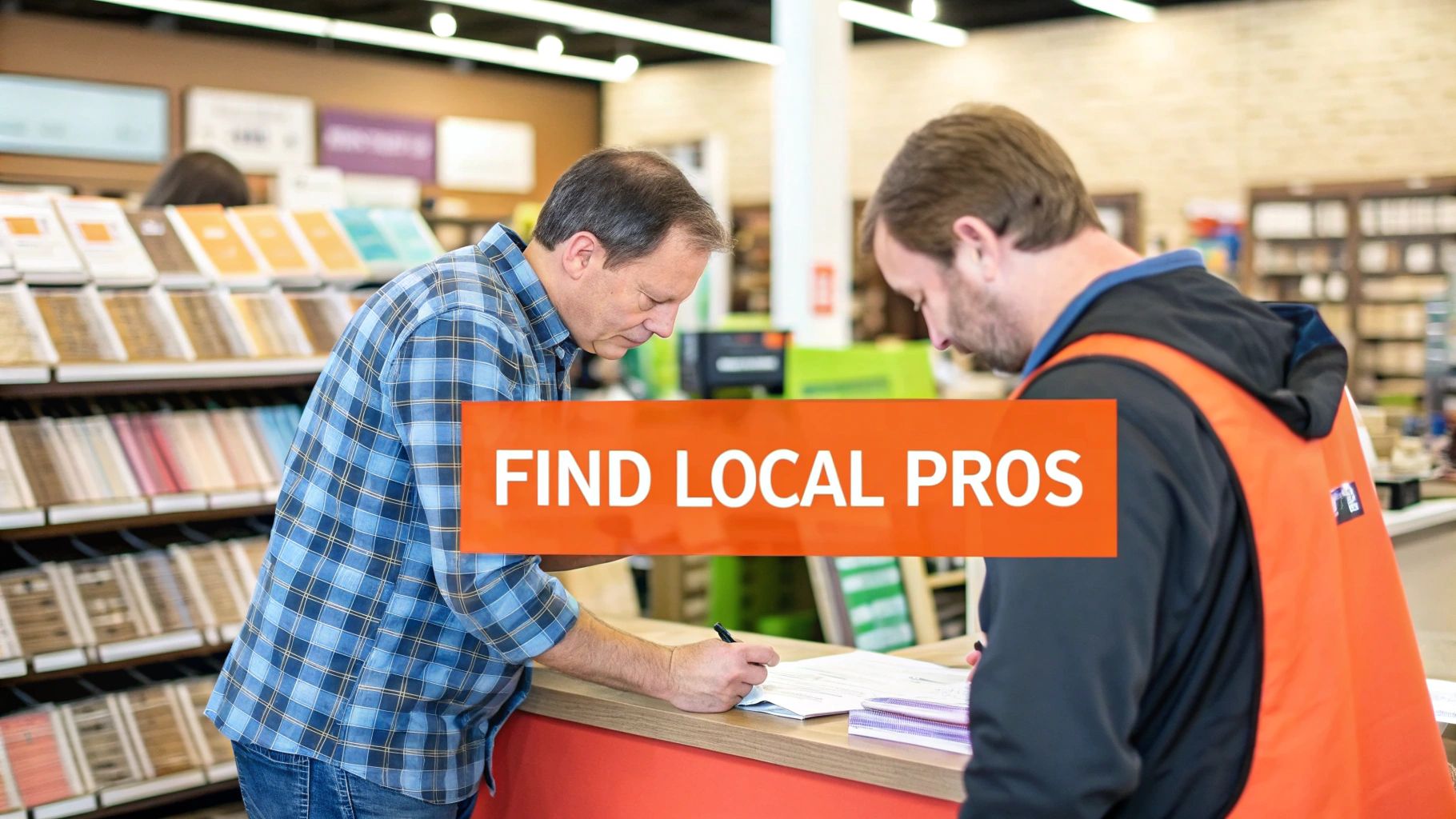 Customer consulting with home improvement store employee about contractor services at service desk