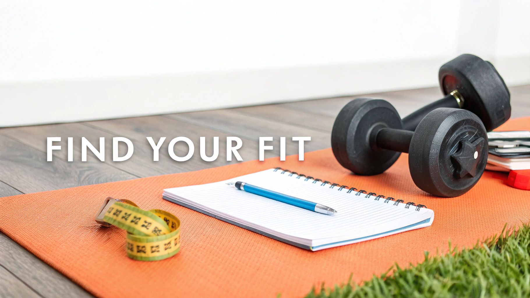 Dumbbells, measuring tape, notebook, and pen on a yoga mat, with text 'FIND YOUR FIT'.