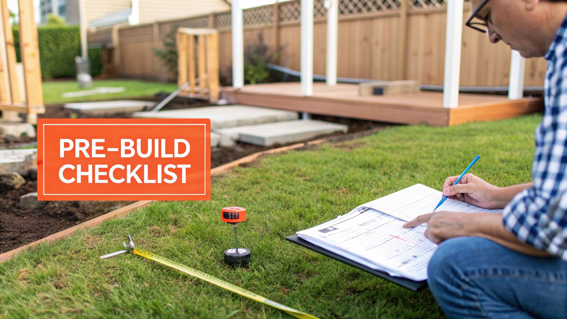 A person reviews a pre-build checklist on a clipboard in a backyard with tools and a partially built gazebo.