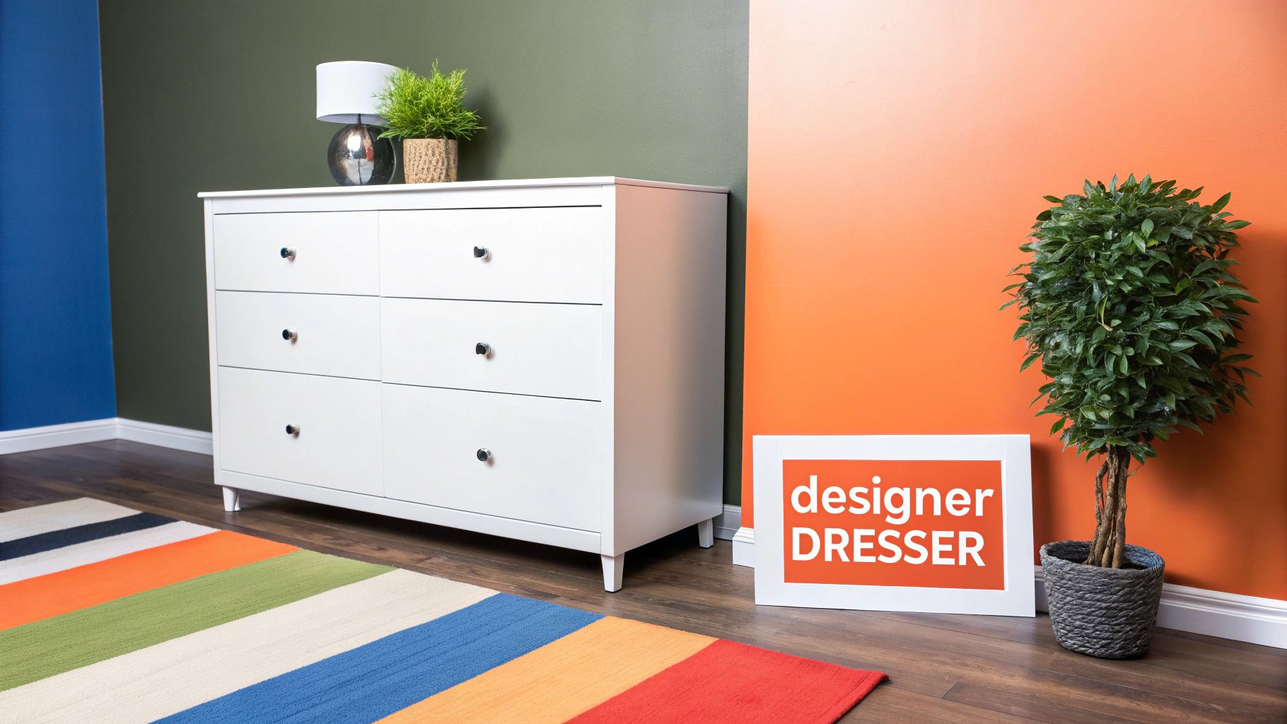 A beautifully customized IKEA dresser with added trim and new hardware, sitting in a stylishly decorated room.