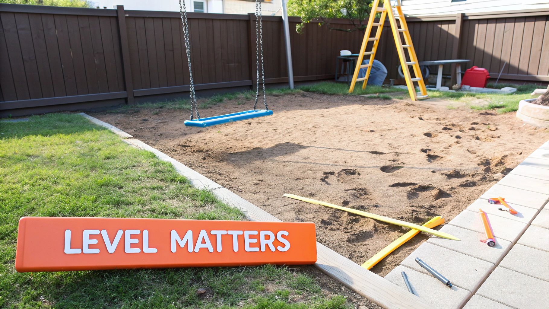 A sturdy wooden swing set with a slide and climbing wall, installed on level ground covered with protective mulch in a sunny backyard.