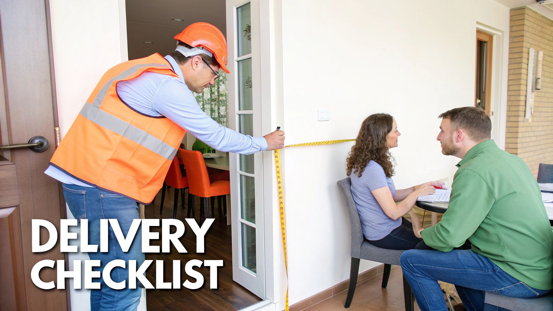 A custom-built wooden sideboard being carefully placed in a modern living room by professional movers.