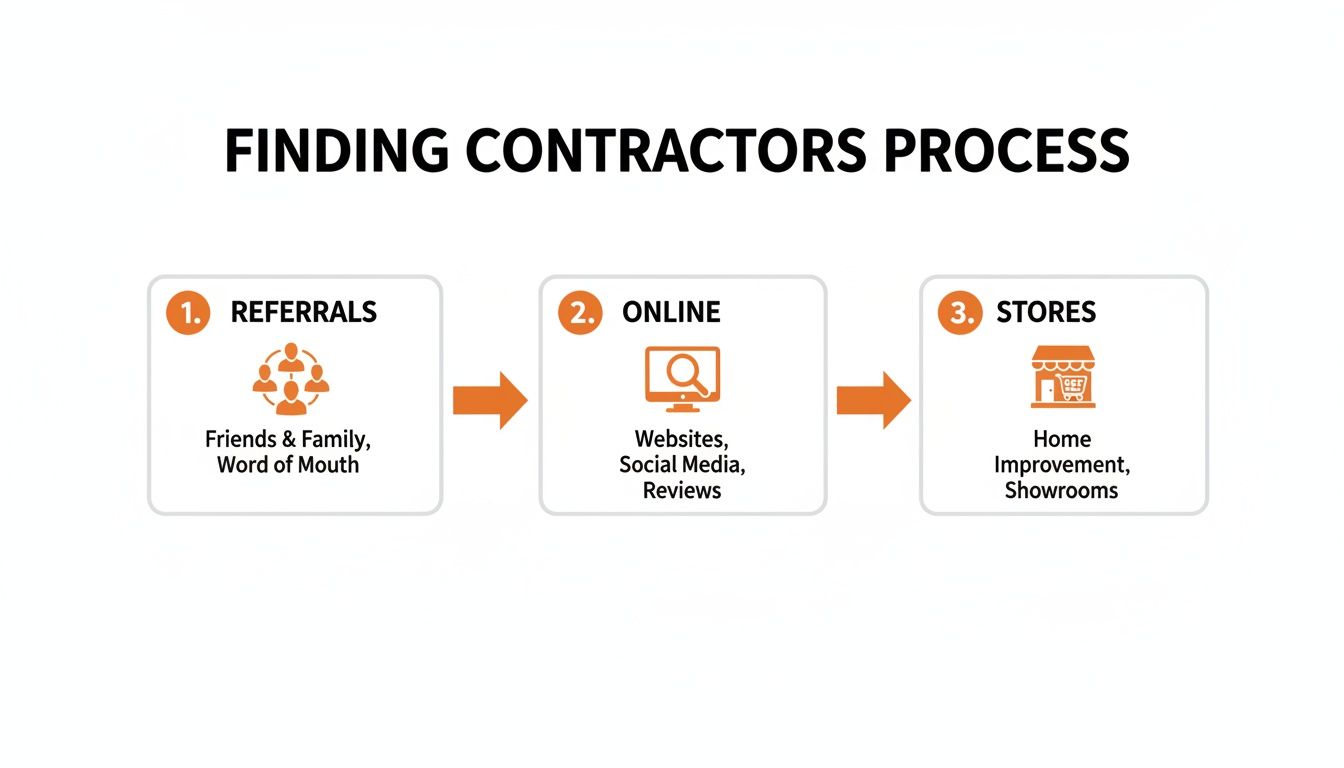 Diagram illustrating a three-step process for finding contractors: referrals, online, and stores.