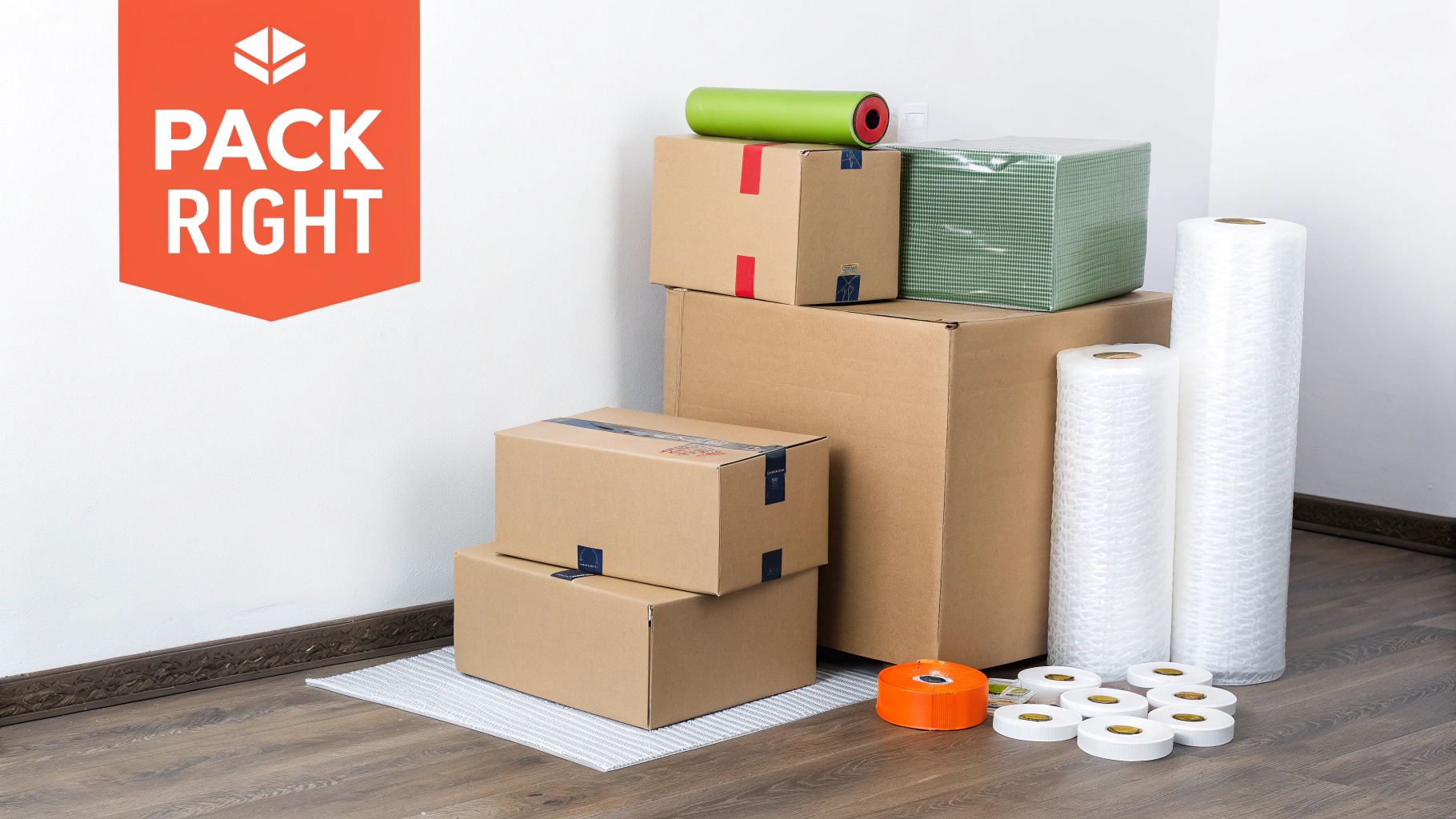 A collection of moving and packing supplies including cardboard boxes, bubble wrap, and tape.