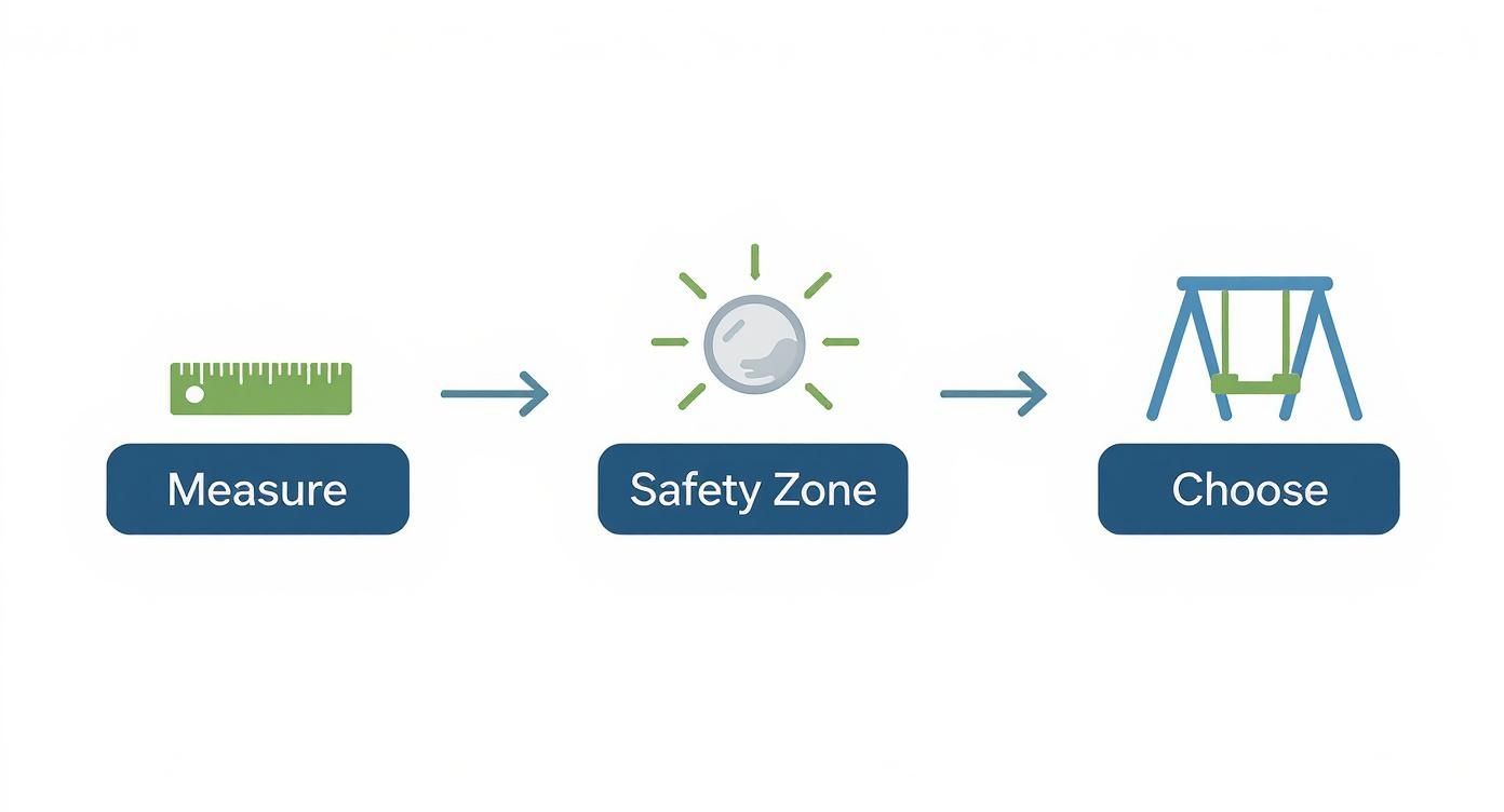Flowchart depicting three steps for selecting a swing set: measure, define safety zone, and choose.