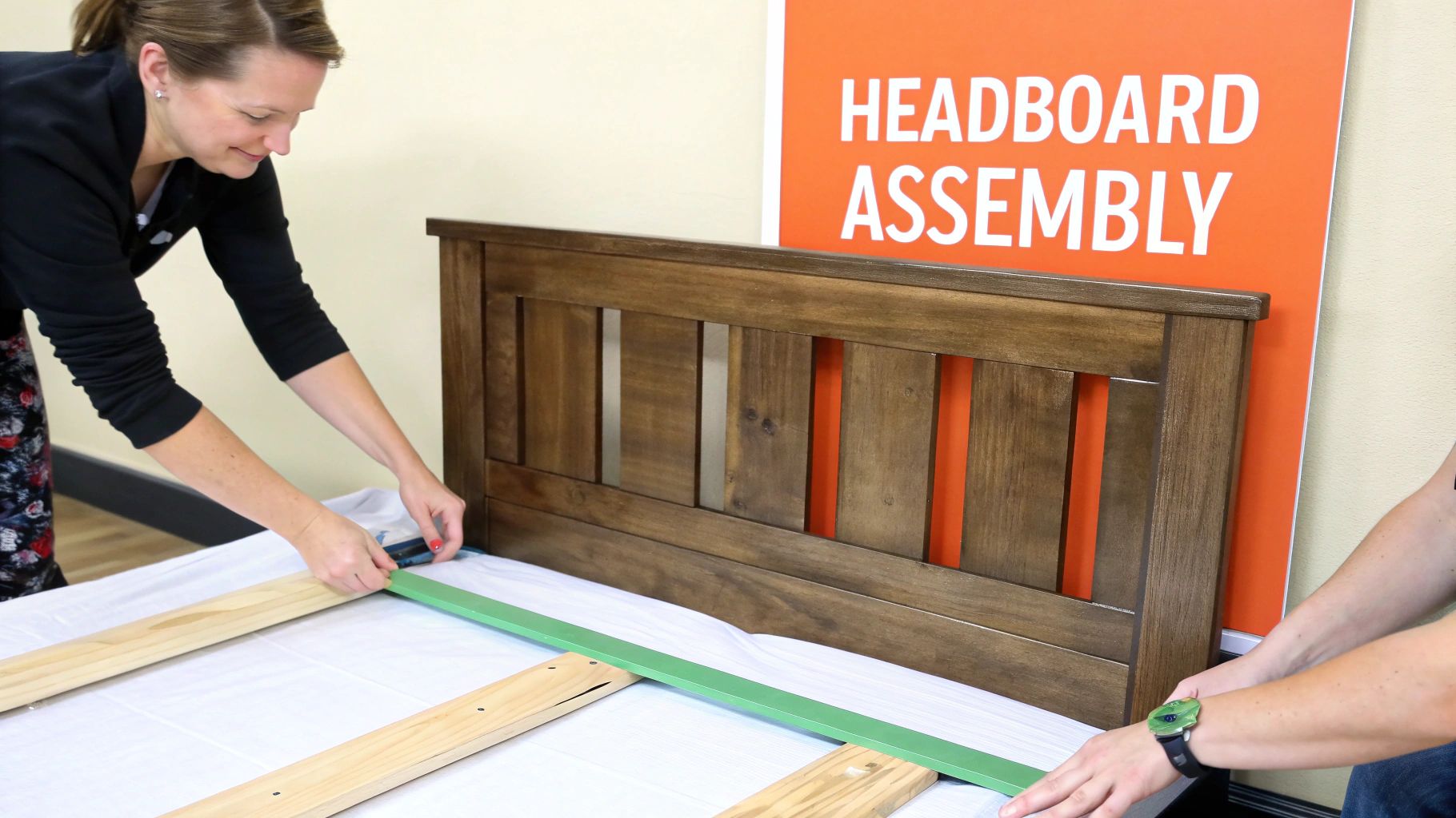 Close-up of a person's hands using an Allen key to tighten a bolt on a wooden bed frame, with various screws and hardware pieces scattered nearby.