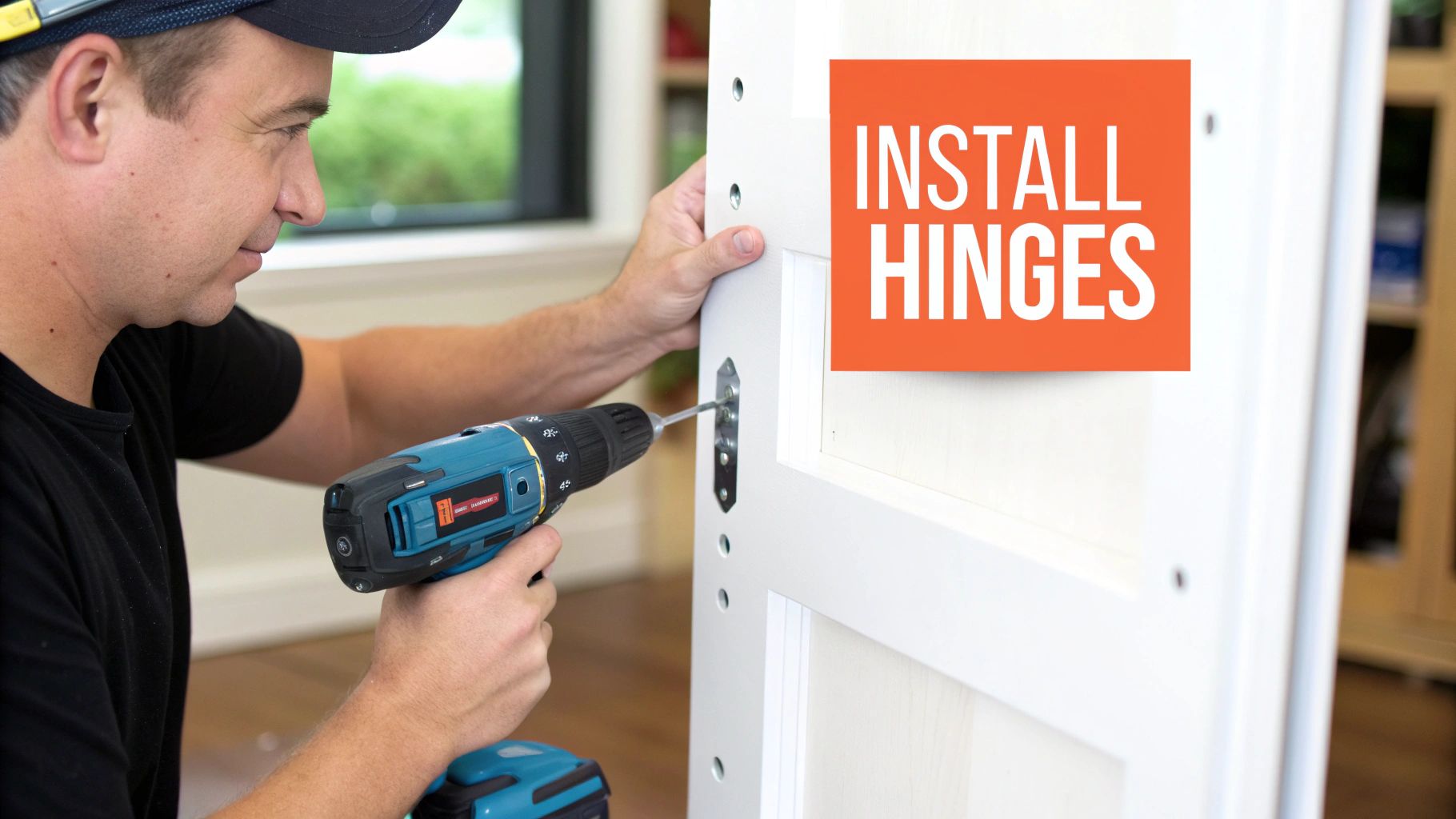 Someone installing a hinge on a white door using a drill.