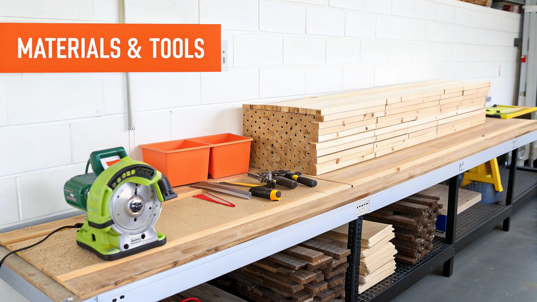 A workbench in a workshop featuring various woodworking materials like stacked wood and essential tools, including a circular saw.
