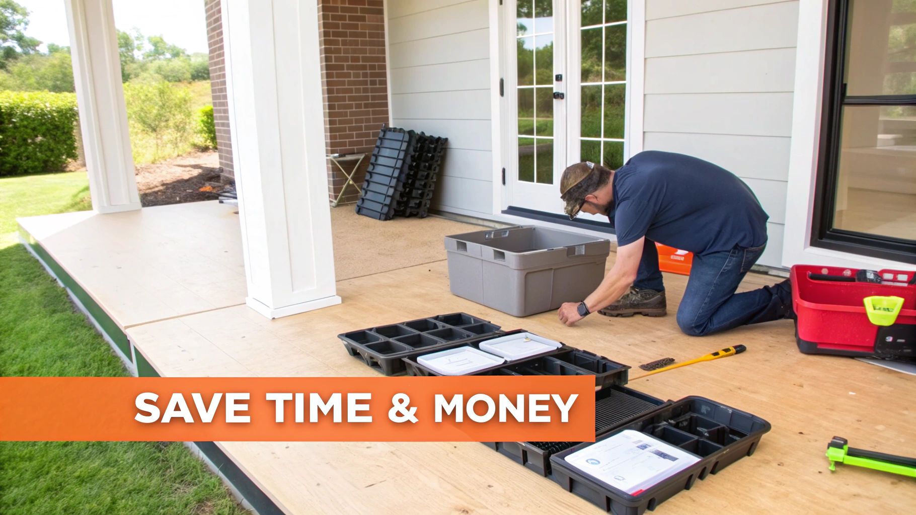 A man kneels on a light wood porch, organizing black storage trays and tools, with a house in the background.