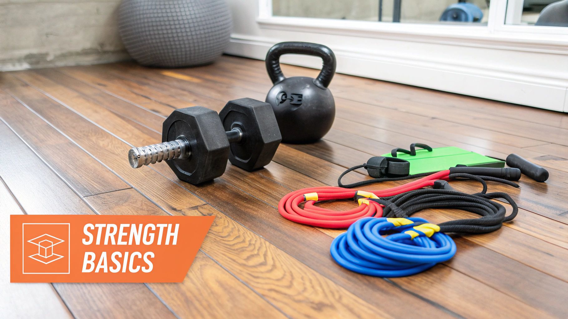 A person using adjustable dumbbells on a weight bench in their home gym.