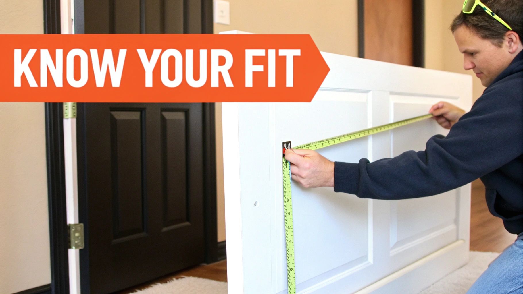 A person holding a tape measure in front of a doorway to check dimensions before buying furniture.
