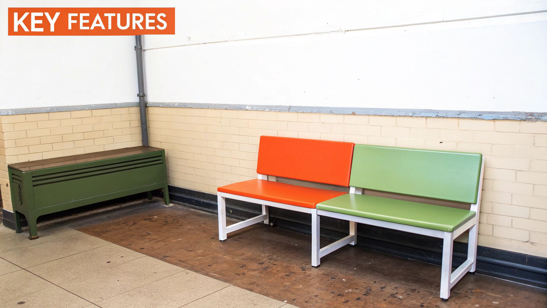 A rectangular breakfast table with a storage bench tucked underneath in a bright kitchen.