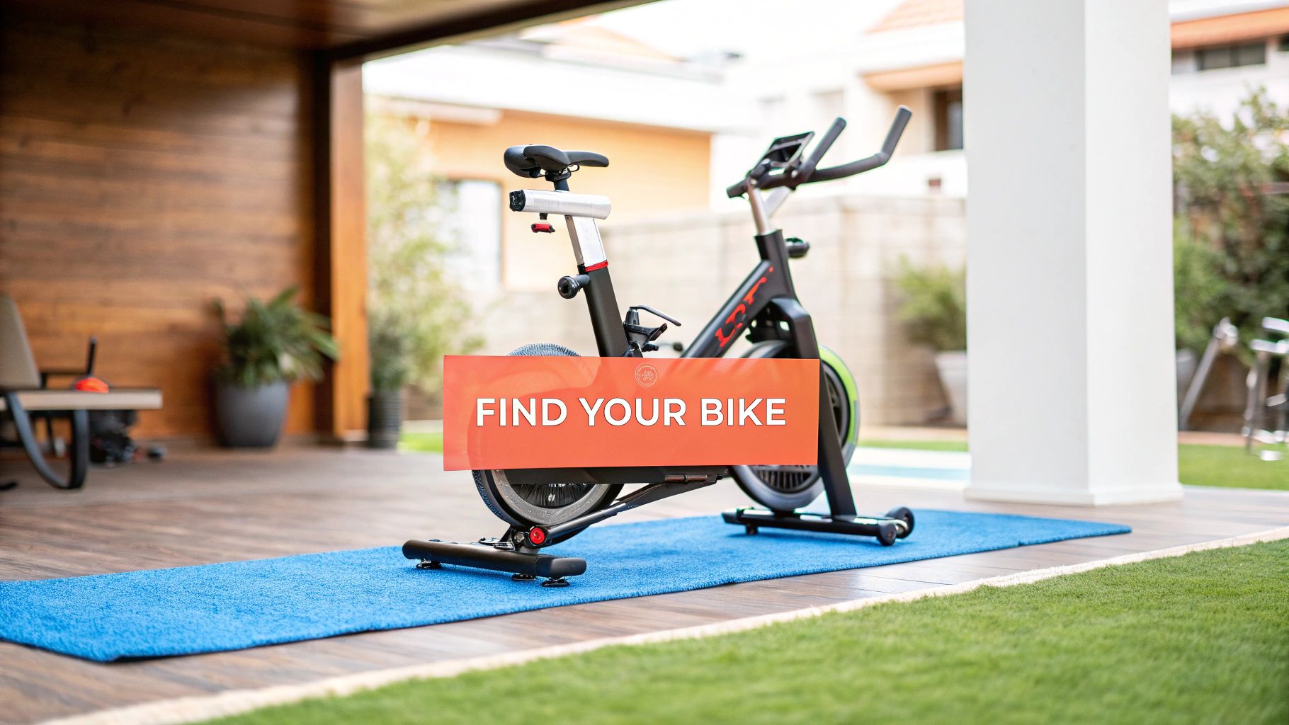 Woman in a red top using a black exercise bike in a home gym setting