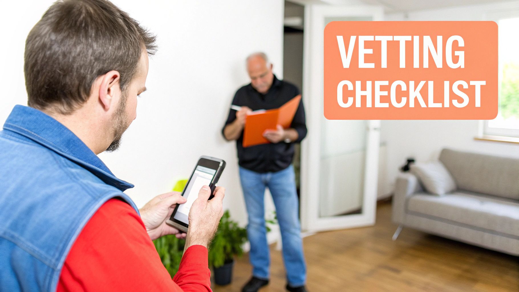 Two men in a modern home, one using a phone and the other checking a vetting checklist.