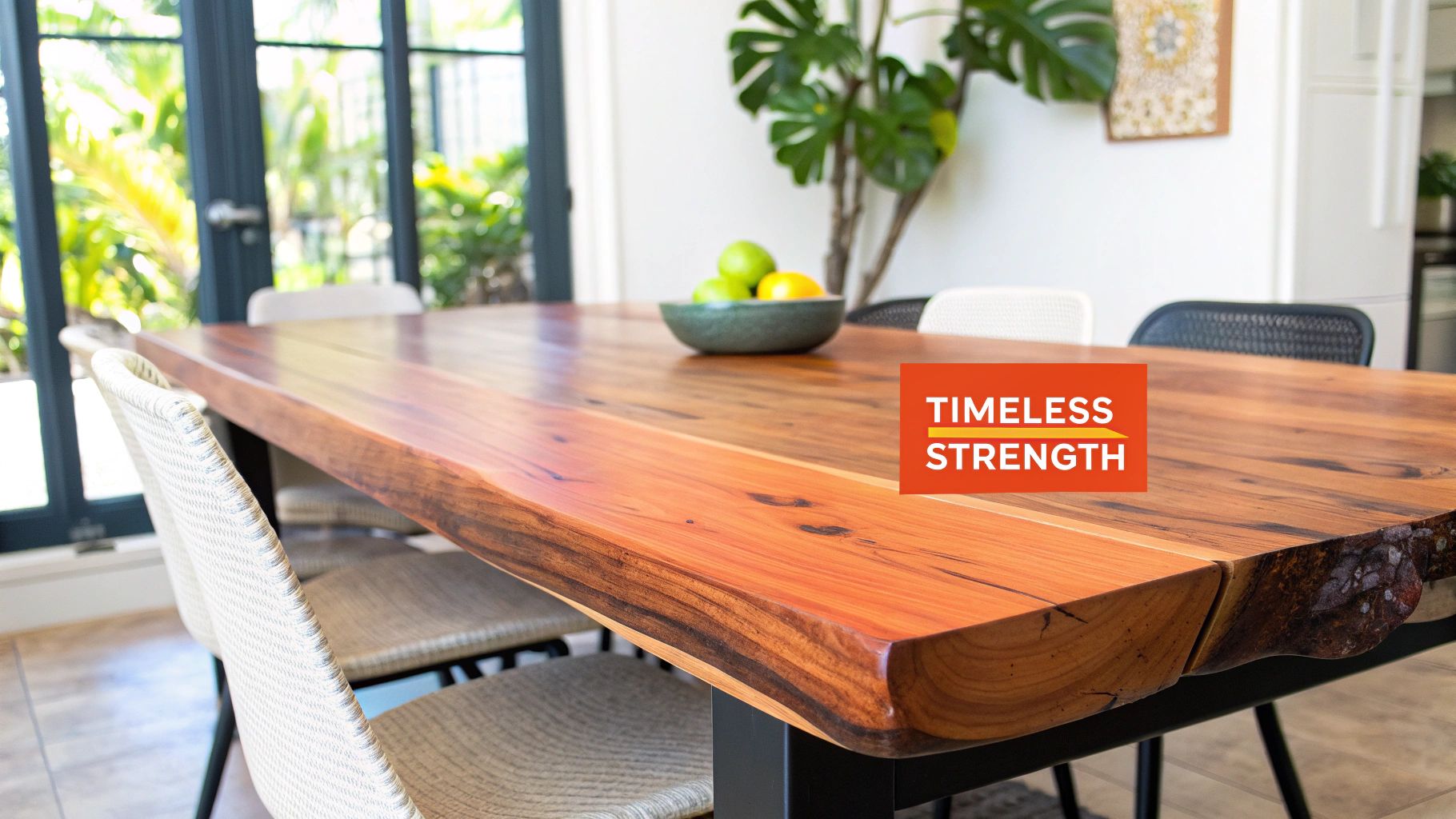 A stylish acacia dining table set in a modern dining room, highlighting its rich wood grain.