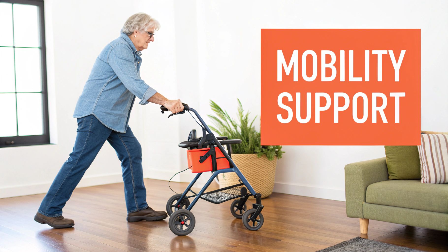 An elderly woman with gray hair uses a blue rollator walker for mobility support indoors.
