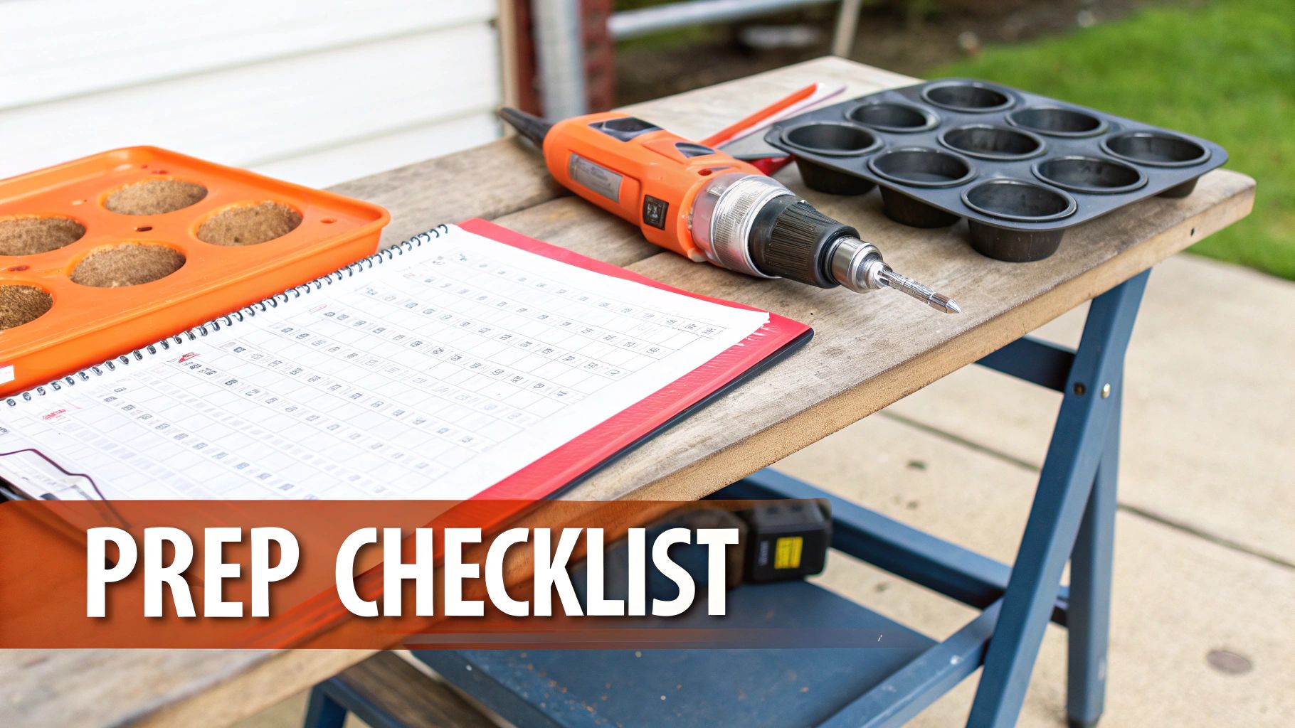 A tabletop with an orange seed starter tray, a drill, a checklist, and a muffin tin, indicating preparation.