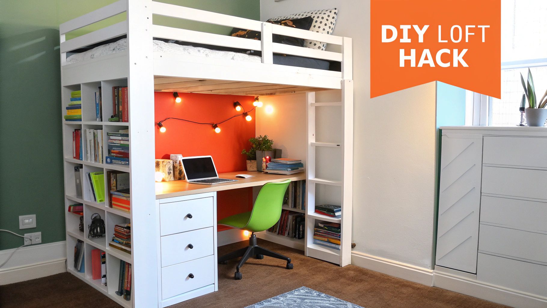 A stylishly hacked IKEA loft bed featuring a built-in desk and shelving underneath, decorated with plants and books.