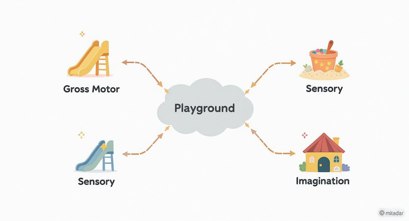 Mind map showing playground benefits: gross motor, sensory, and imagination play with illustrative equipment.