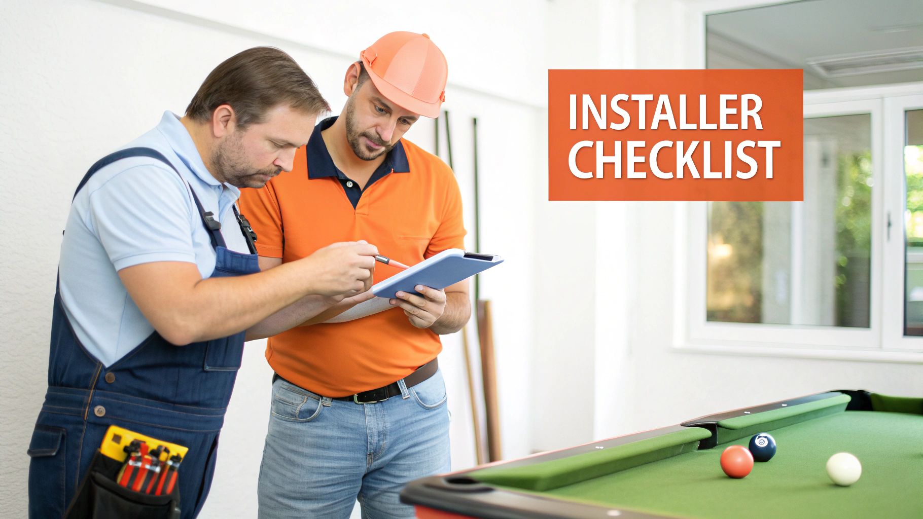 Two installers reviewing a digital checklist on a tablet, with a pool table nearby.