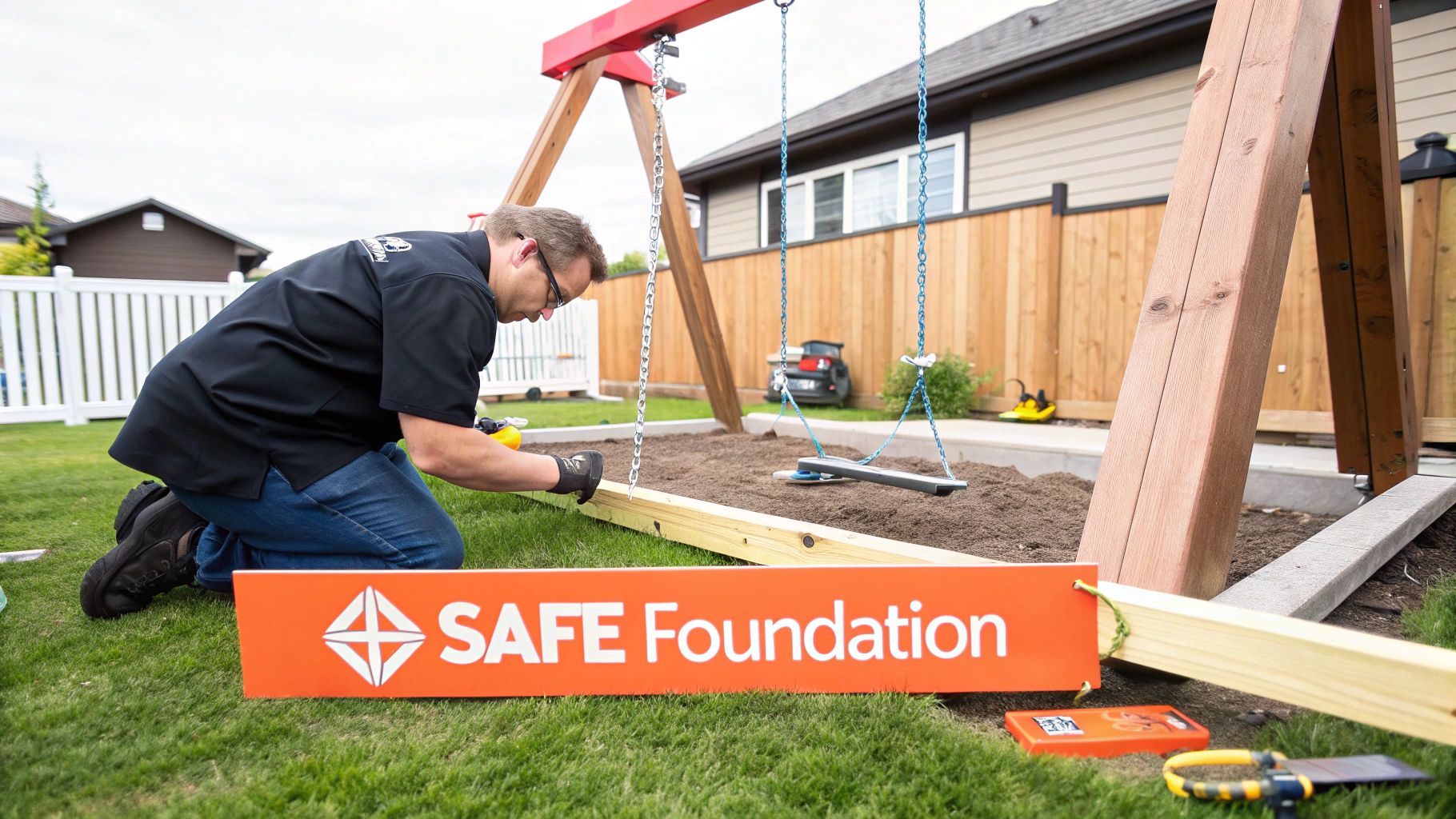 Man installing a wooden swing set in a backyard, with a 'SAFE Foundation' sign in foreground.