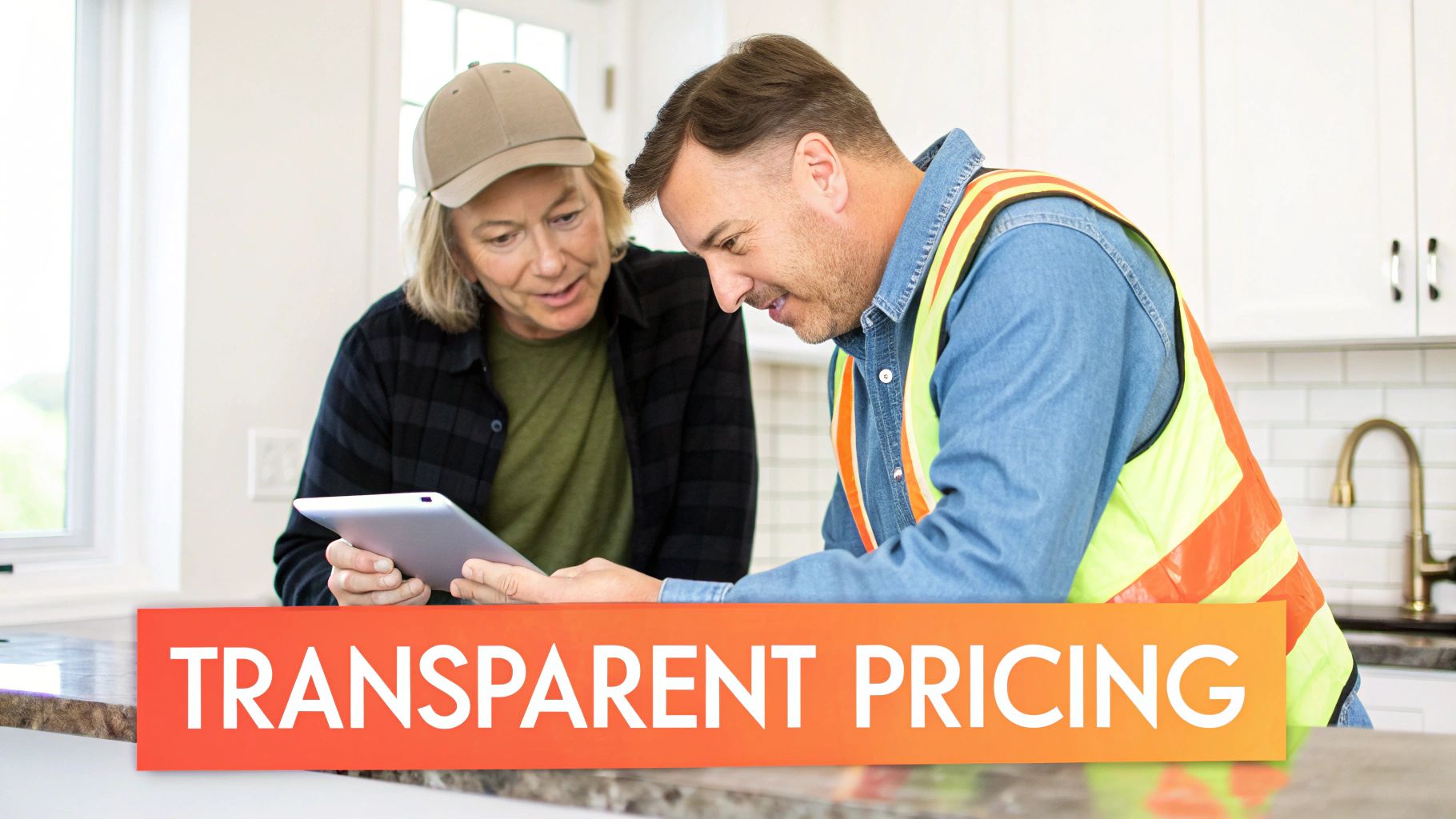 A contractor and client discuss pricing on a tablet in a modern kitchen, highlighting transparent services.