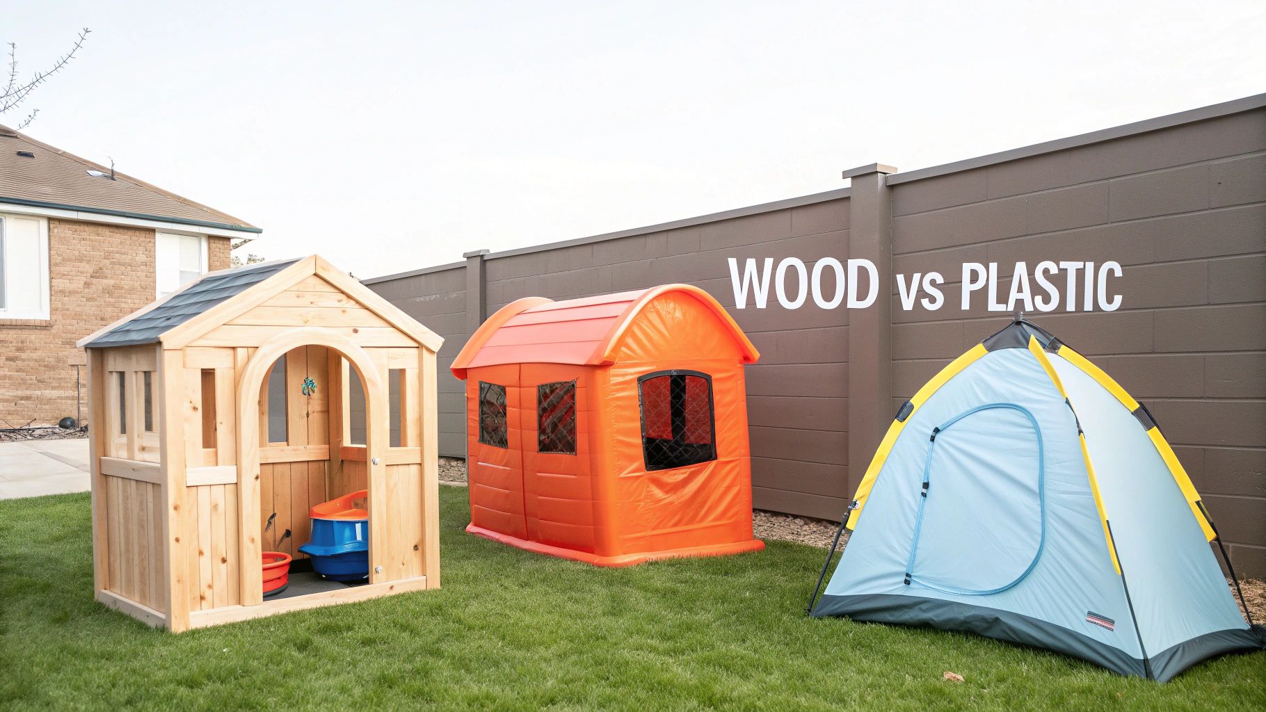 Three outdoor play structures on grass: a wooden playhouse, an orange plastic playhouse, and a blue tent.