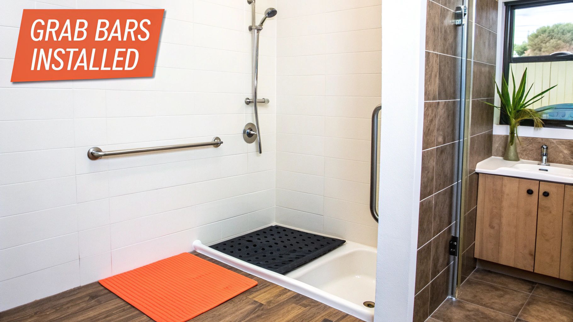 A senior-friendly bathroom featuring grab bars, a raised toilet seat, and a walk-in shower with a chair.