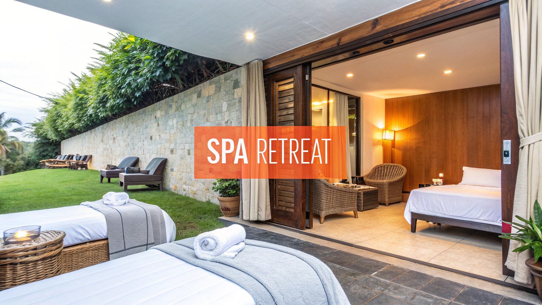 Outdoor spa massage beds and a cozy bedroom in a luxurious spa retreat setting.