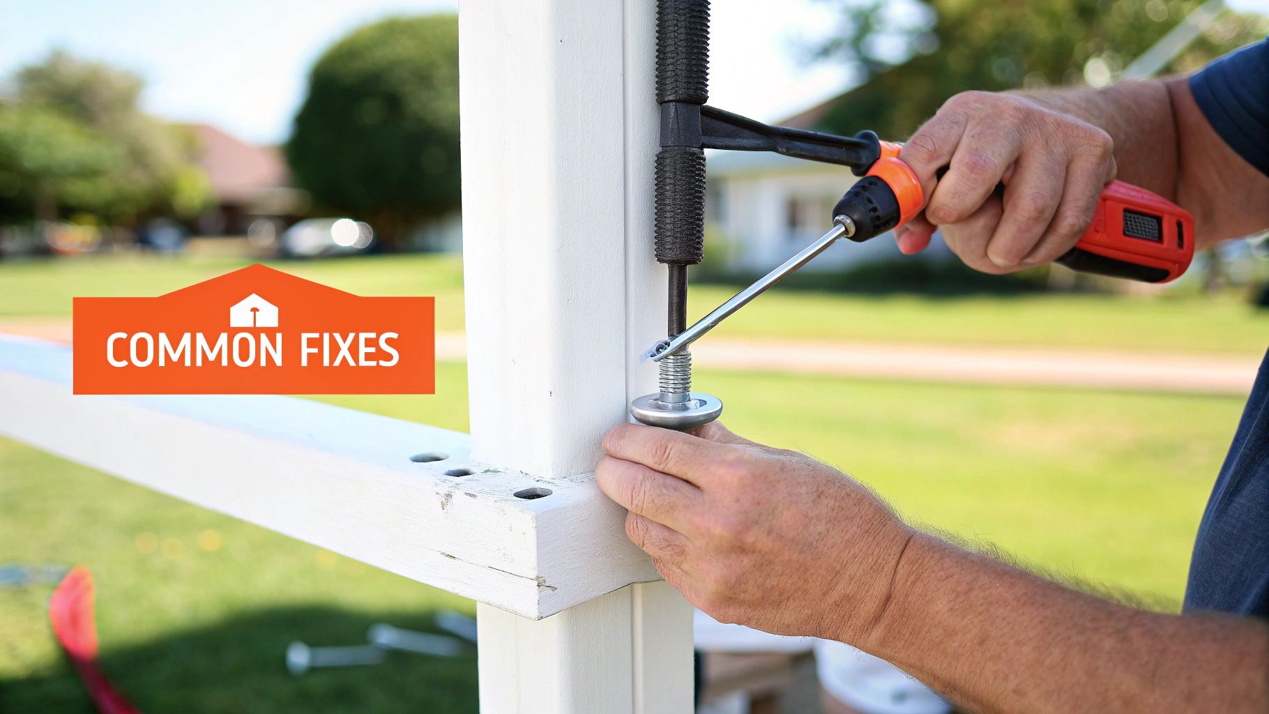 A person uses a power drill to install a bolt on a white outdoor wooden structure, possibly a gazebo or fence.