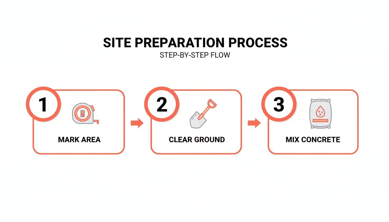 A three-step site preparation process flowchart illustrating marking, clearing ground, and mixing concrete.