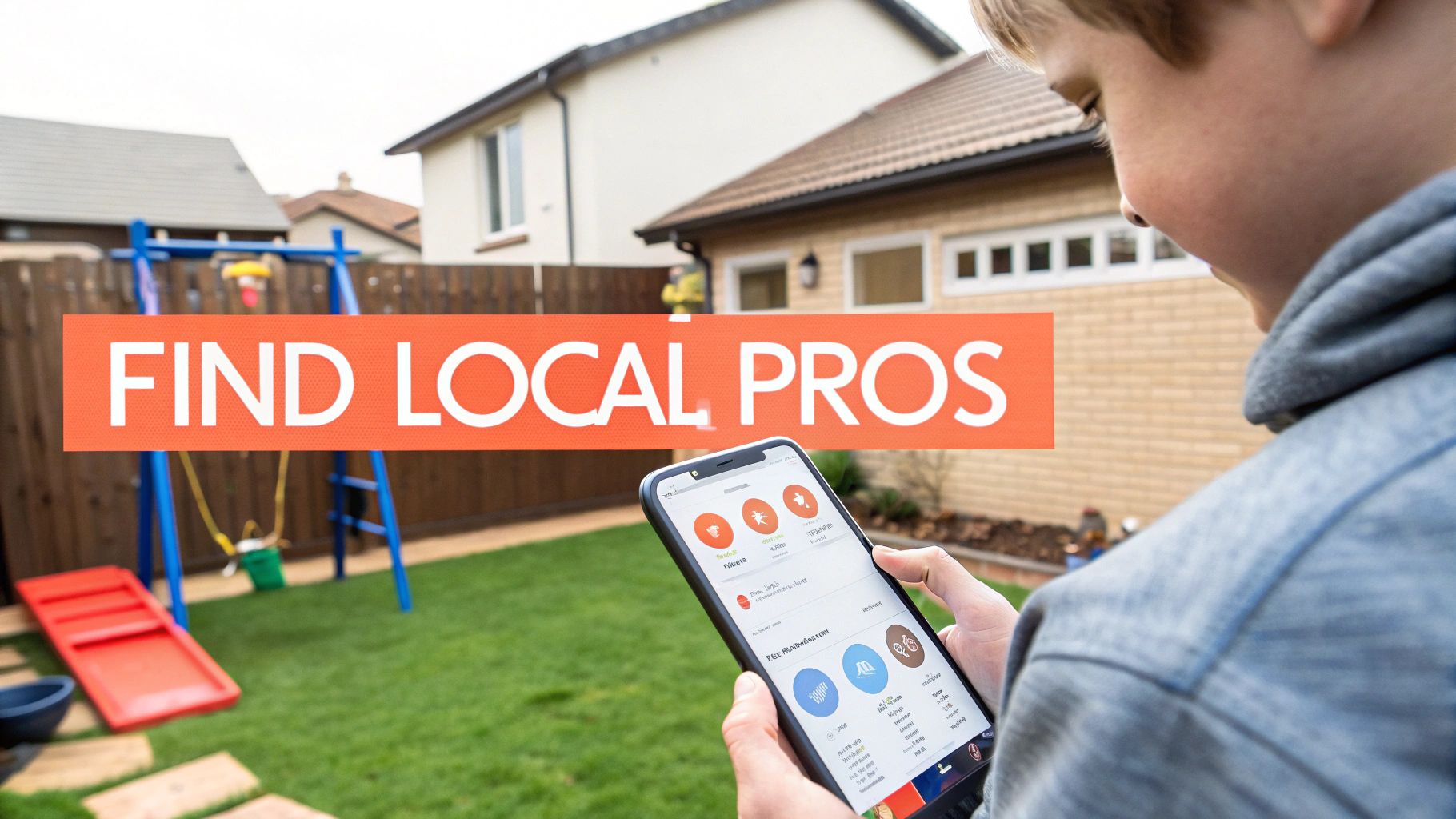 A person using a laptop to search for local services, with a swing set in the background.