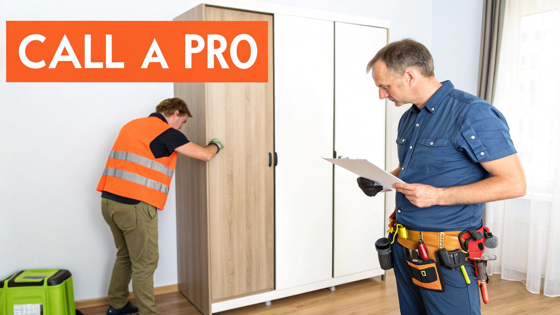 A professional assembler working on a complex IKEA wardrobe system.