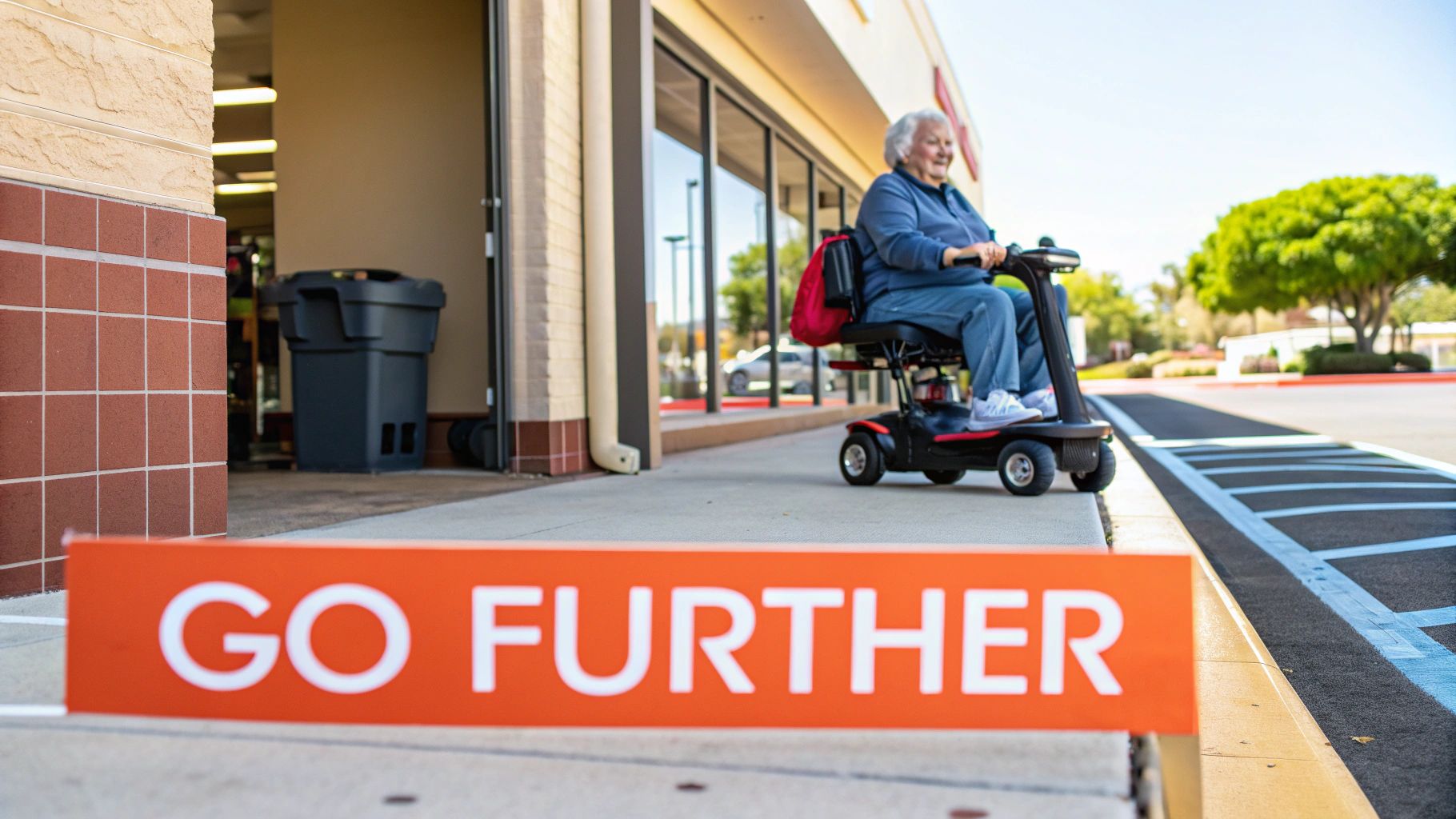 A senior woman smiling while using her mobility scooter outdoors.