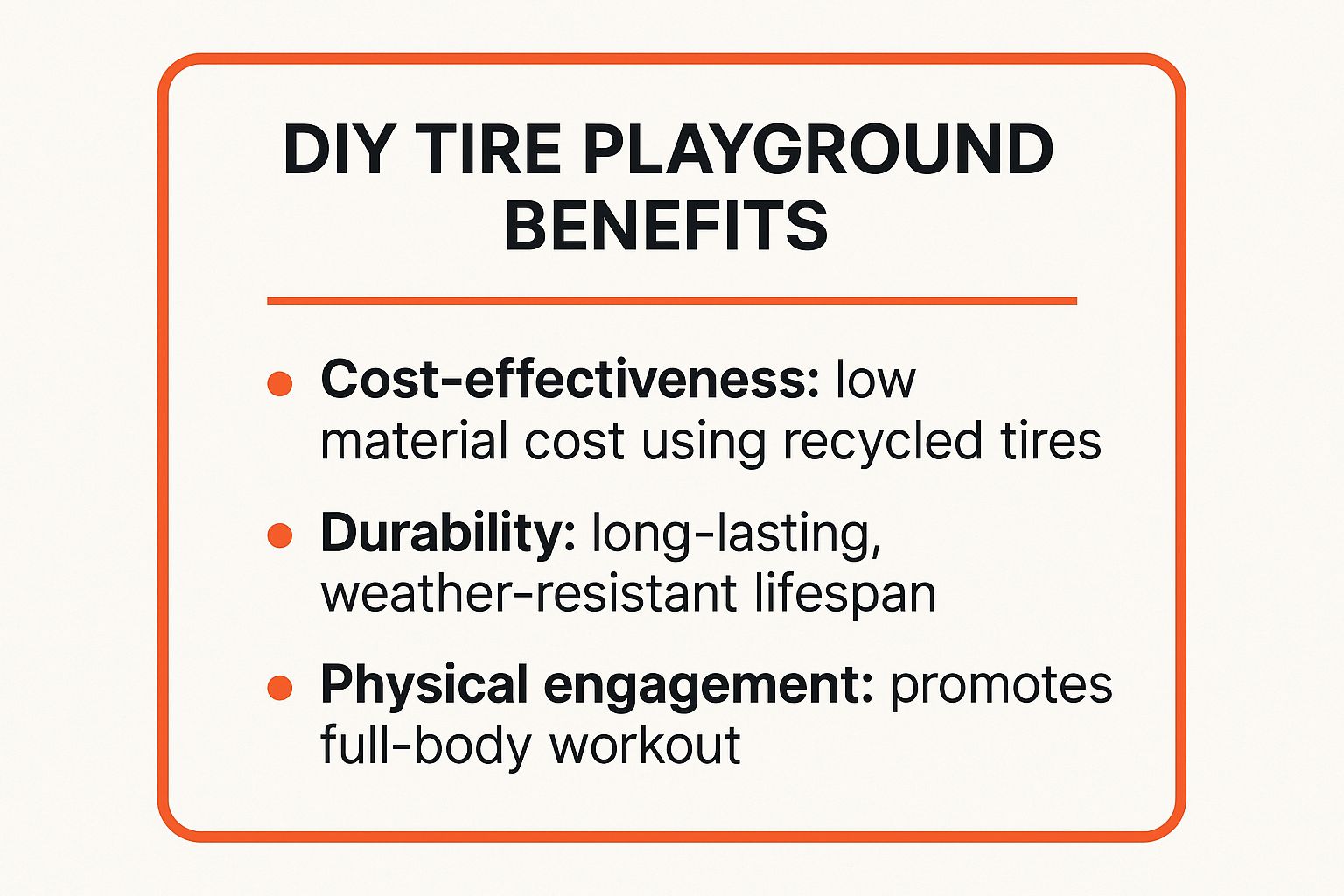 Infographic showing key benefits of a DIY tire playground, including cost-effectiveness, durability, and physical engagement.