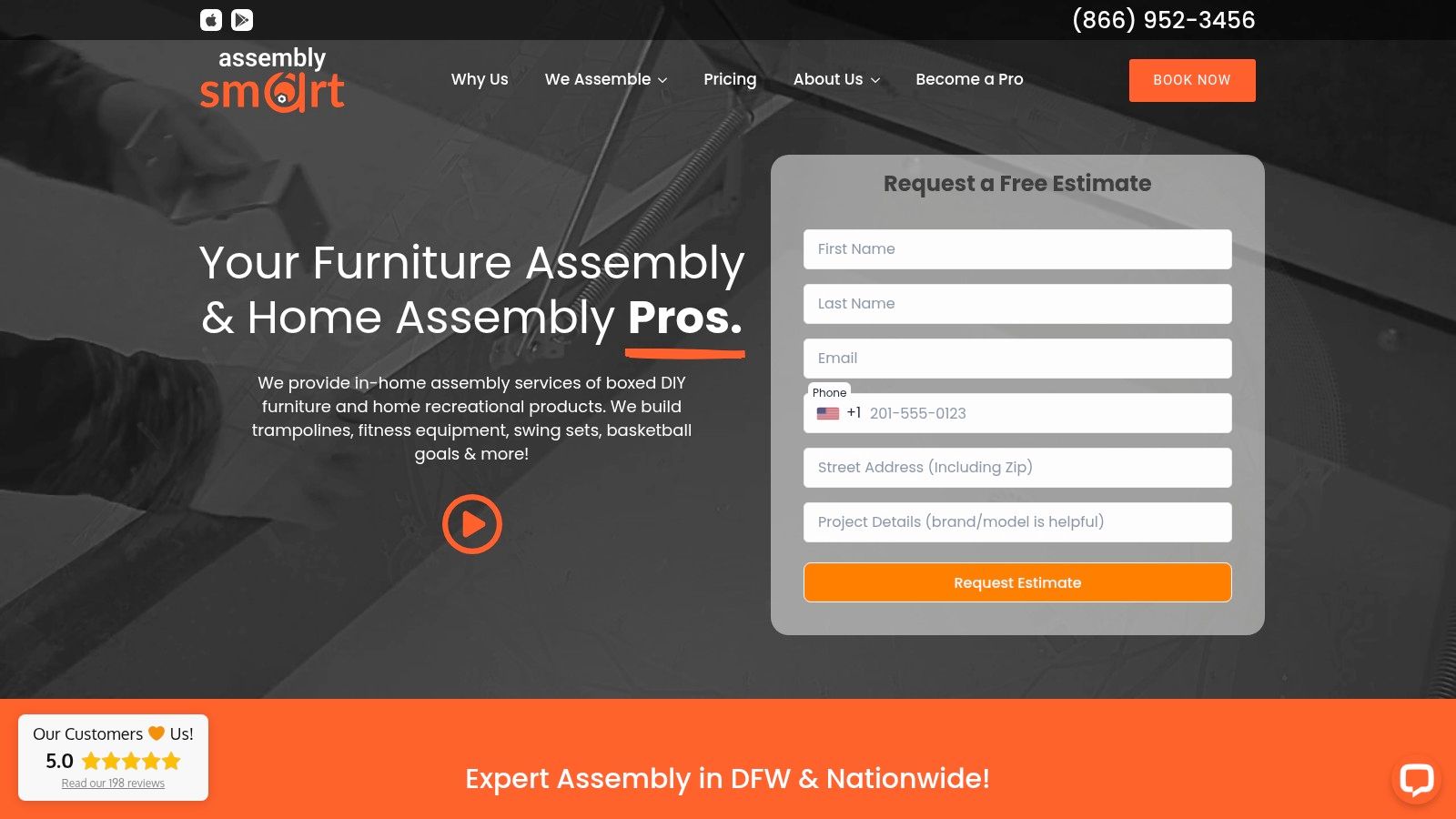 Assembly Smart homepage showing its assembly services for furniture and recreational equipment