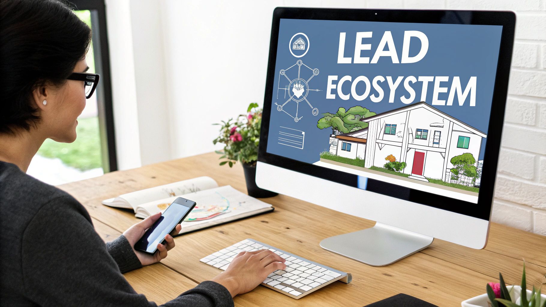 Woman at desk using computer displaying 'LEAD ECOSYSTEM' for real estate, holding smartphone.