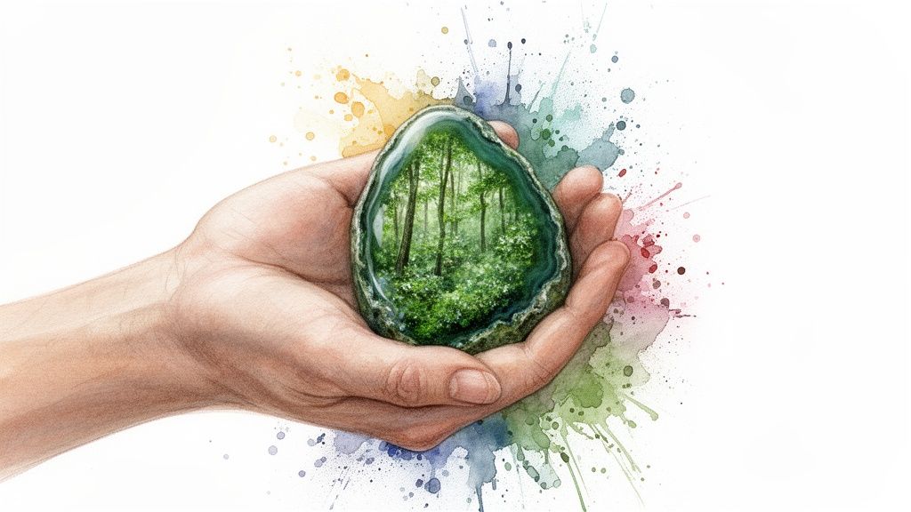 A human hand gently holds a polished moss agate stone containing a miniature vibrant green forest, framed by colorful watercolor splatters.