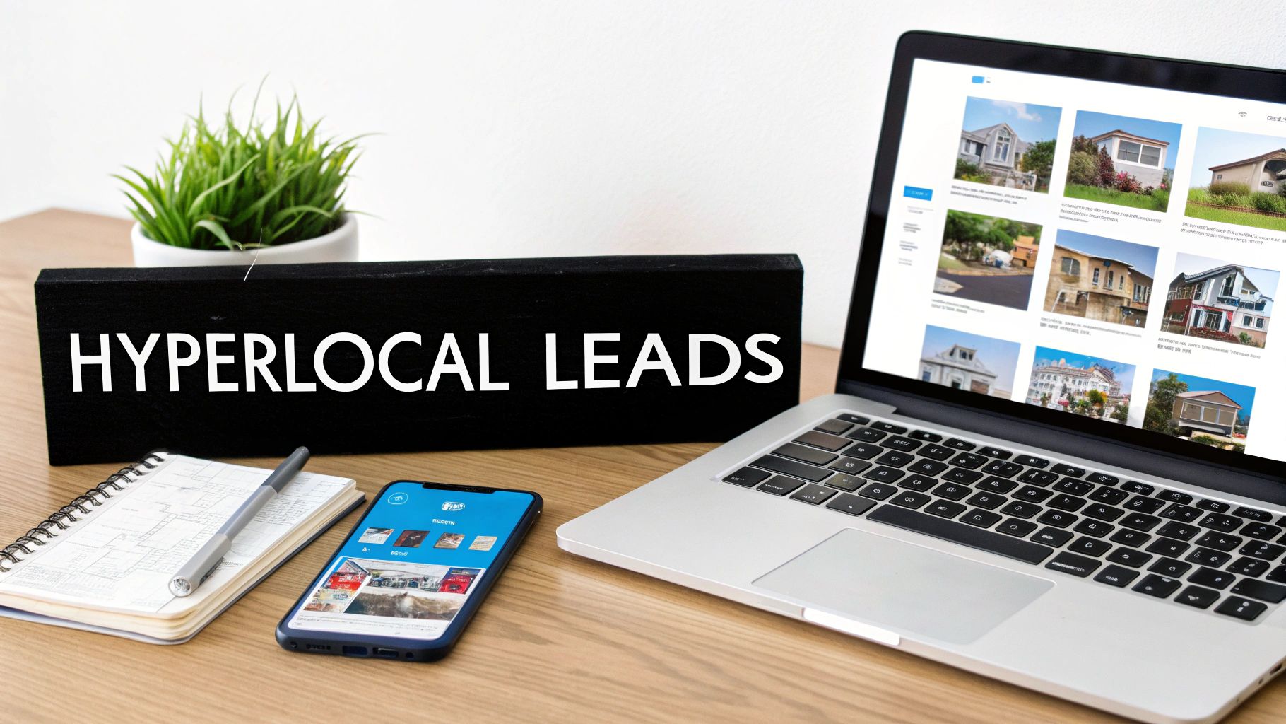 A desk with a 'HYPERLOCAL LEADS' sign, laptop displaying real estate listings, and a smartphone.