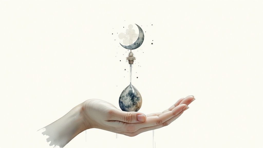 A hand gently holds a moon-like teardrop, connected to a crescent moon in watercolor art.