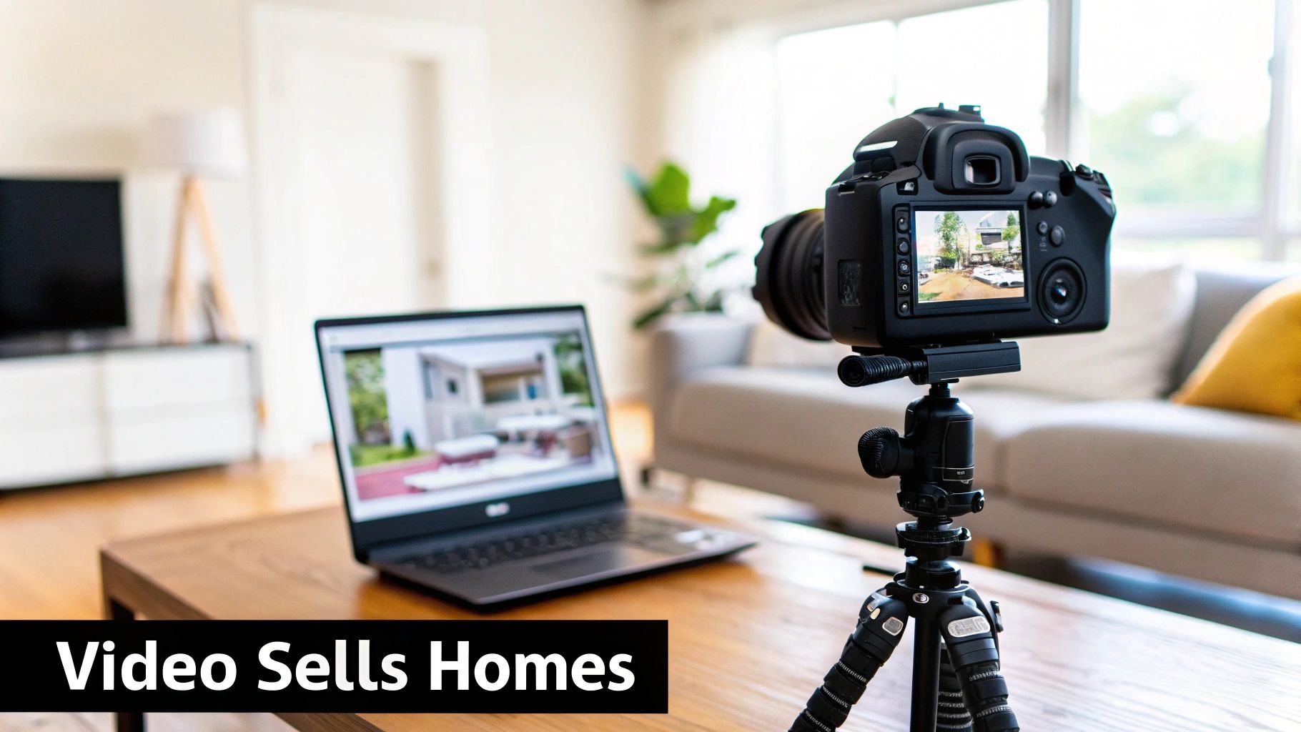 Professional DSLR camera on tripod recording real estate property video with laptop displaying house images