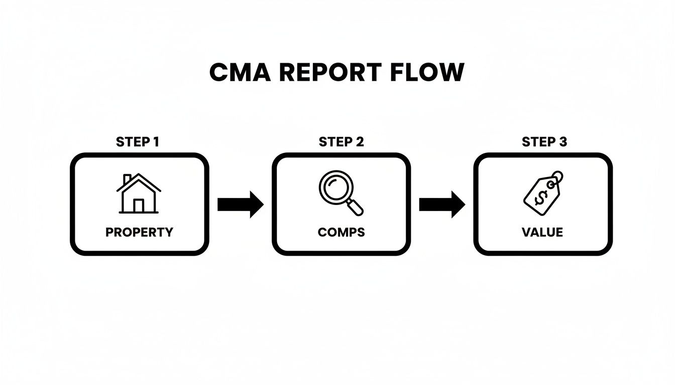 Flowchart showing CMA report process: Step 1 Property (house icon), Step 2 Comps (magnifying glass icon), Step 3 Value (price tag icon).