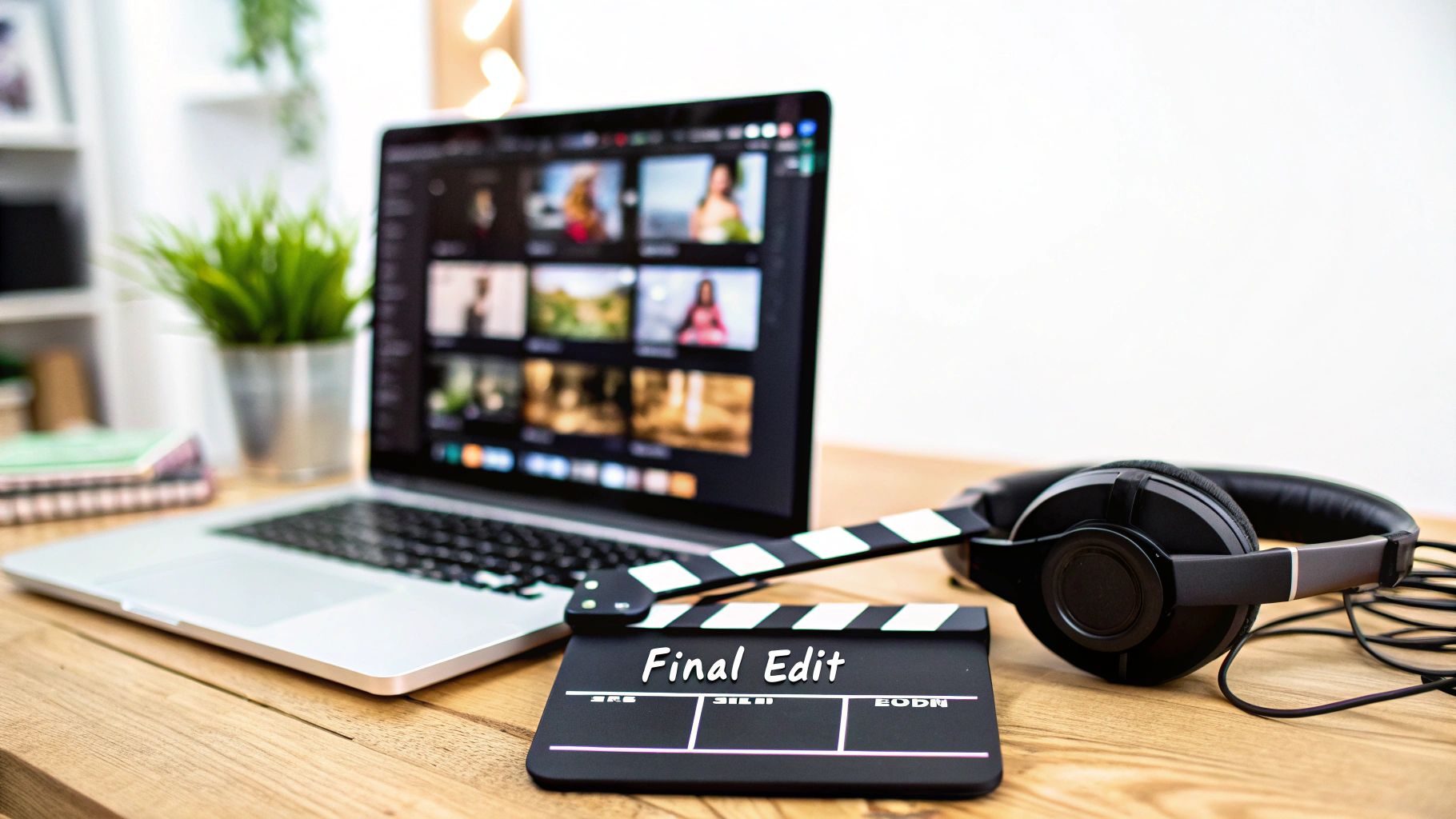 A laptop with video editing software, a clapperboard with 'Final Edit', and headphones on a wooden desk.