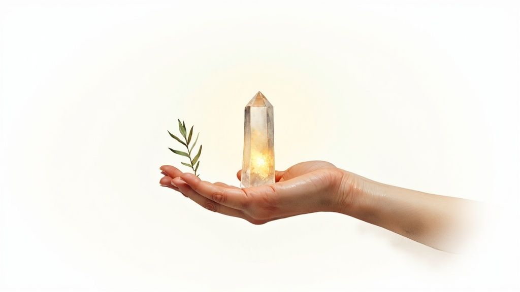 A collection of vibrant, charged crystals arranged on a wooden surface, glowing with energy.